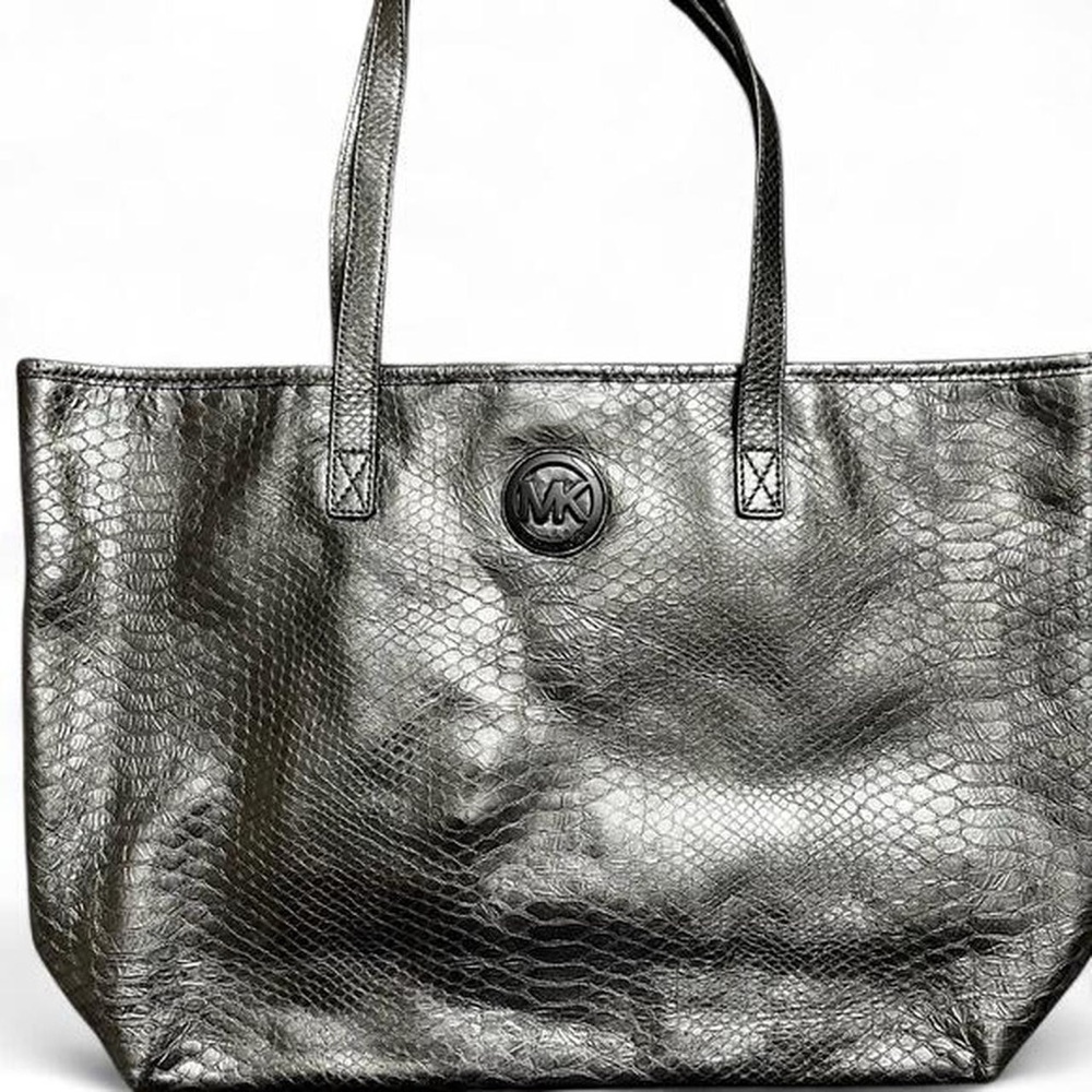 Michael Kors Metallic Gunmetal Snake Embossed Large Tote Shoulder Bag